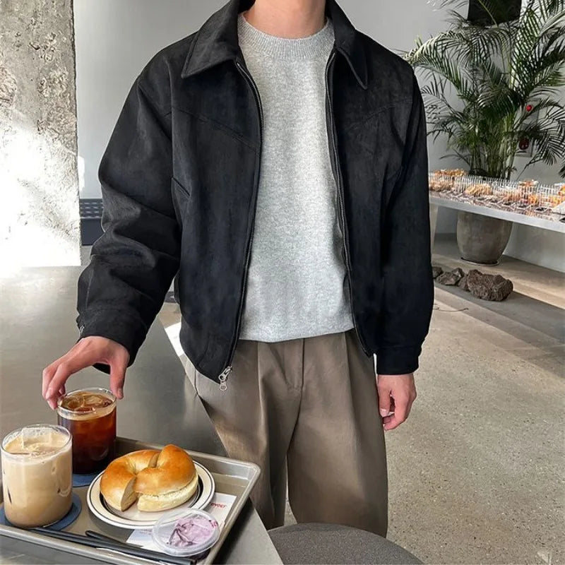 Men's Suede-Look Short Jacket with Turndown Collar