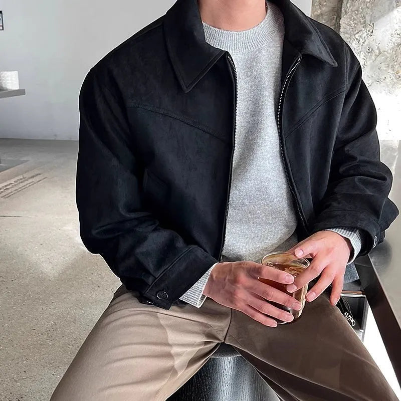 Men's Suede-Look Short Jacket with Turndown Collar
