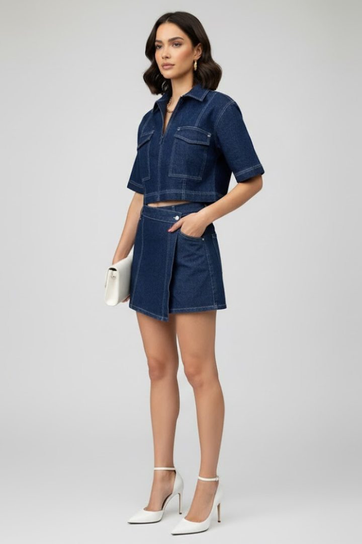 Women's Two-Piece Set with Short Top in Blue - View 4.0 | Roselva