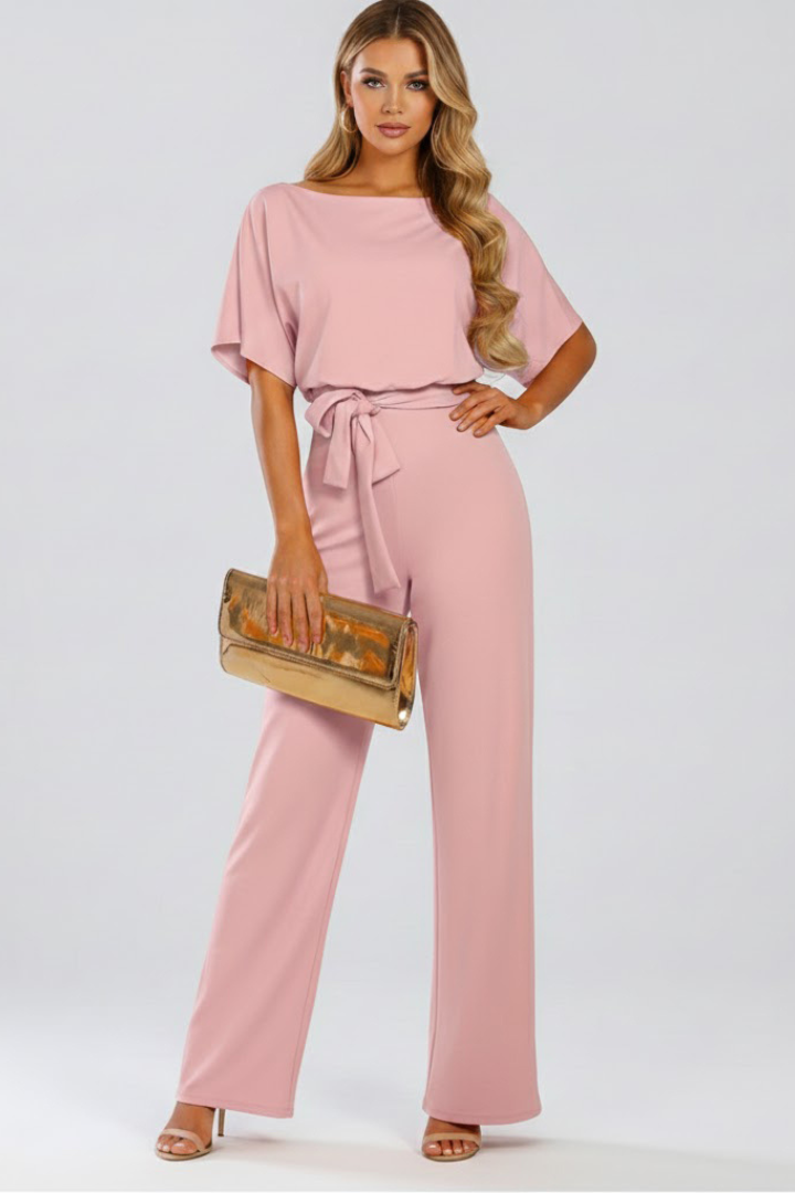 Women's Jumpsuit with Belt and Wide Legs in Beige - View 11.0 | Roselva
