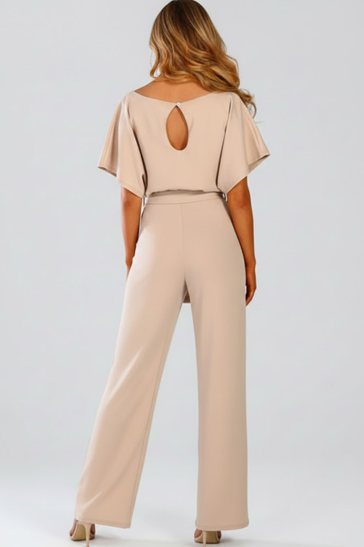Women's Jumpsuit with Belt and Wide Legs in Beige - View 3.0 | Roselva