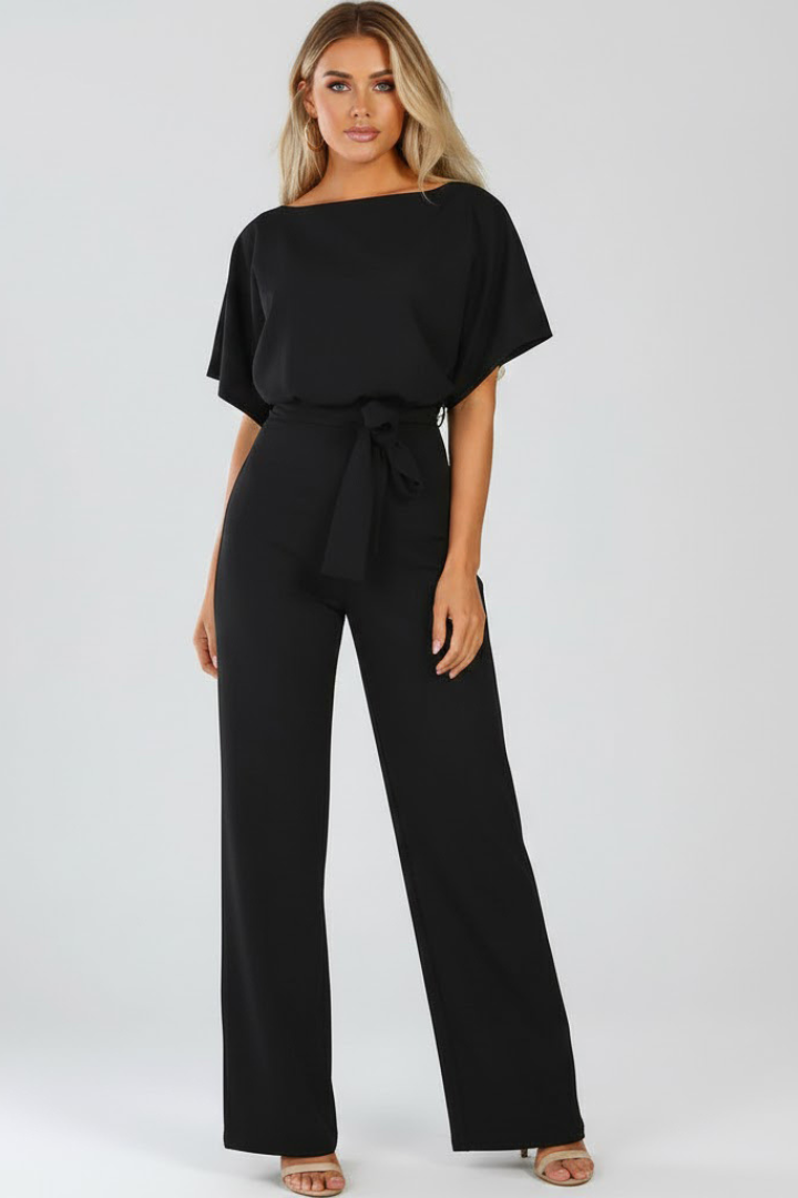Women's Jumpsuit with Belt and Wide Legs in Beige - View 6.0 | Roselva