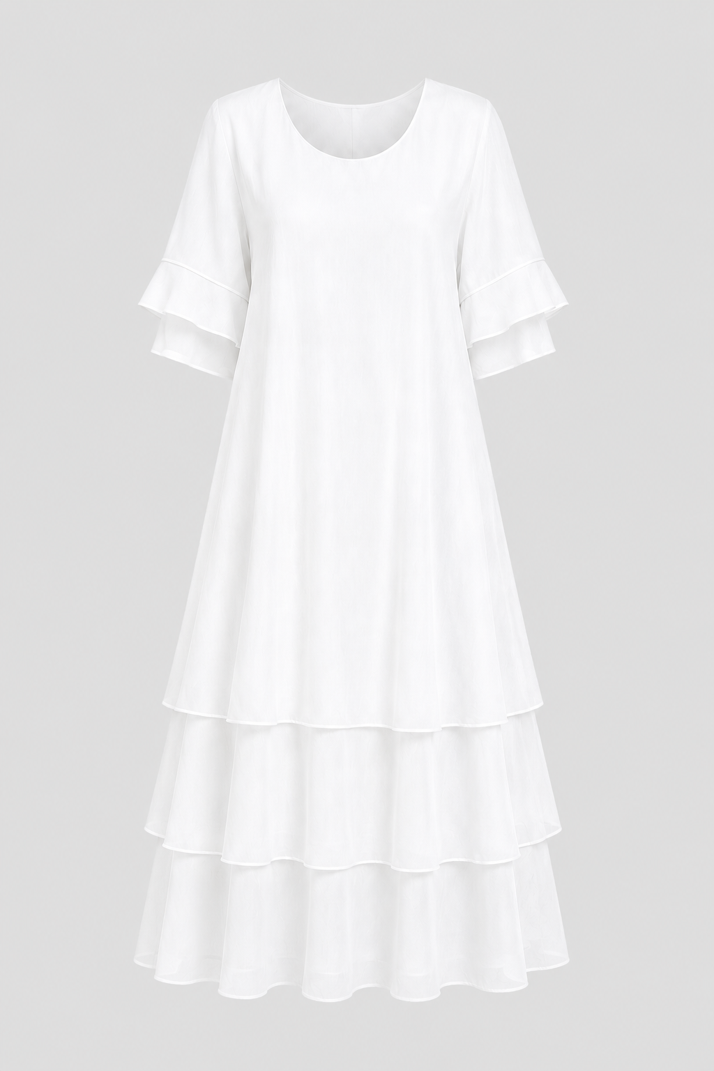 Tiered Ruffle-Sleeve Midi Dress – Elegant Multi-Layered Swing Dress