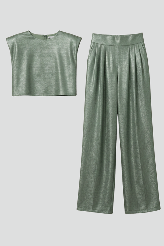Women's Set with Short Top and Wide Trousers in Green | Roselva