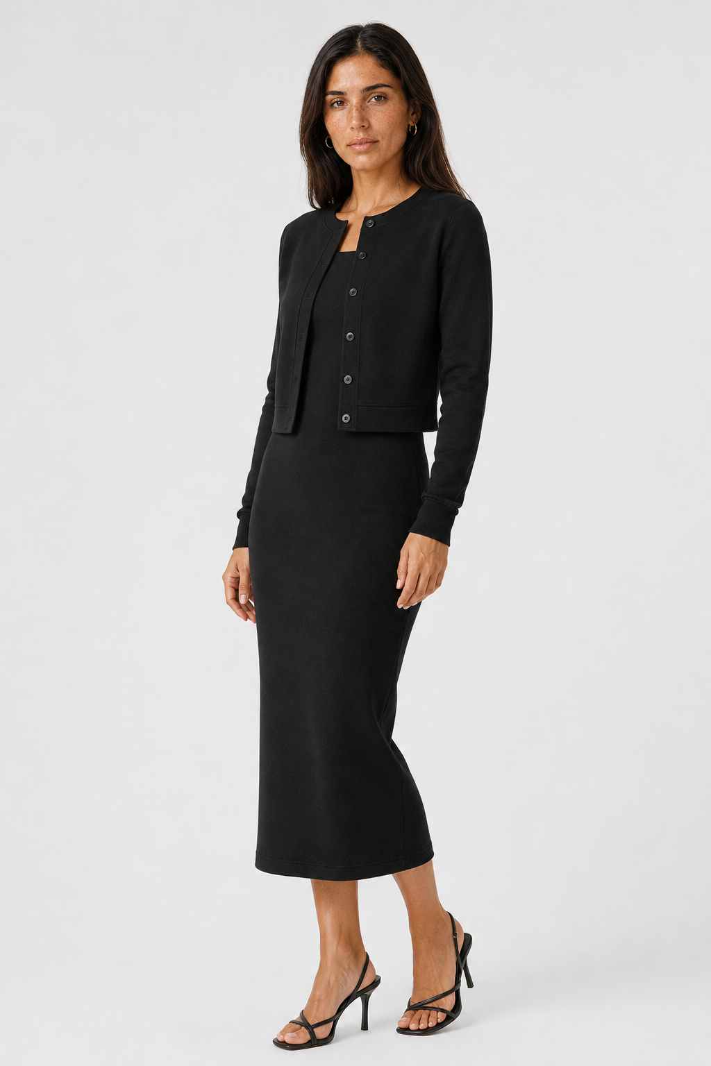 Two-Piece Midi Dress and Cropped Cardigan Set