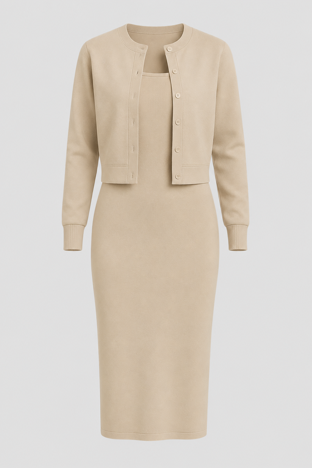 Two-Piece Midi Dress and Cropped Cardigan Set