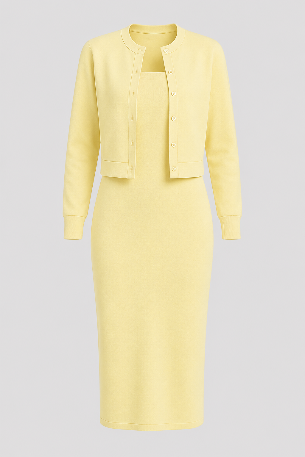 Two-Piece Midi Dress and Cropped Cardigan Set