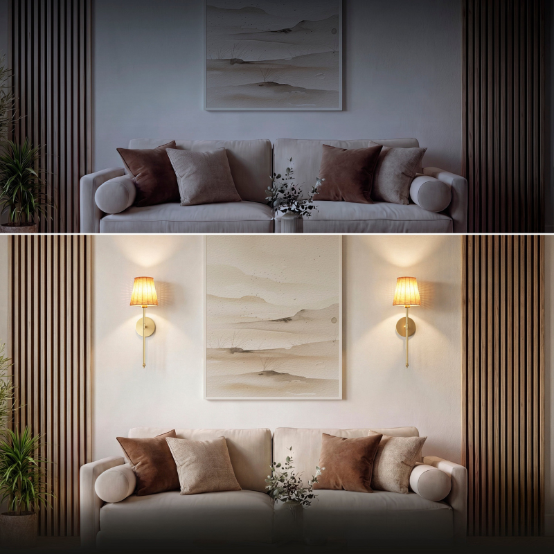 Cordless Wall Sconces - Set of 2, Long Arm, Textile Shade