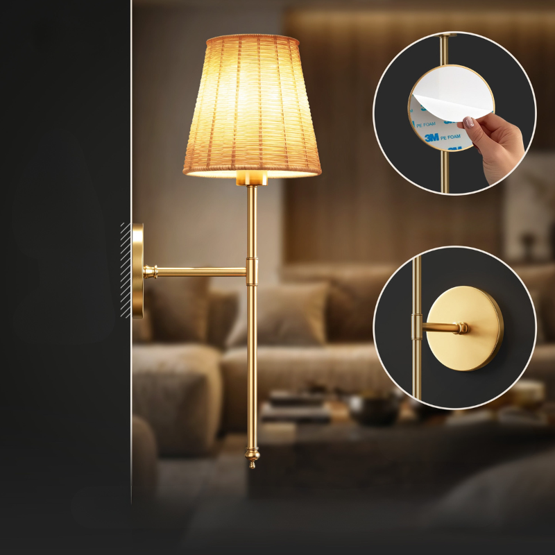 Cordless Wall Sconces - Set of 2, Long Arm, Textile Shade