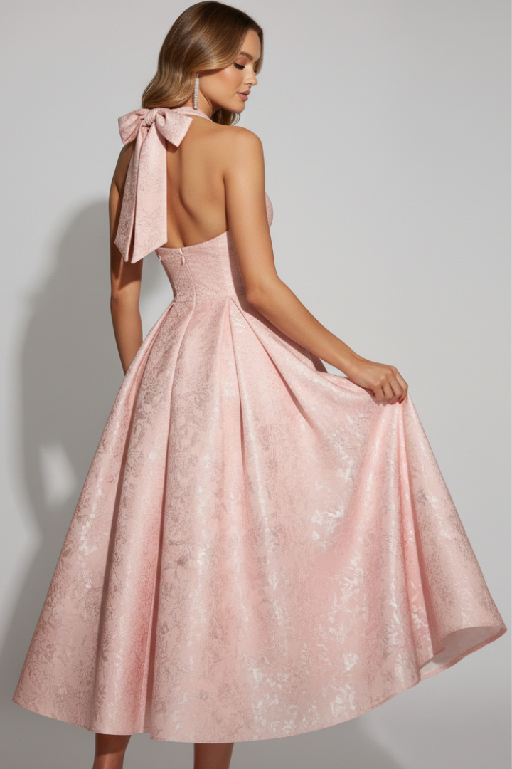 Women's Midi Dress with Halter Neckline and Fitted Bodice