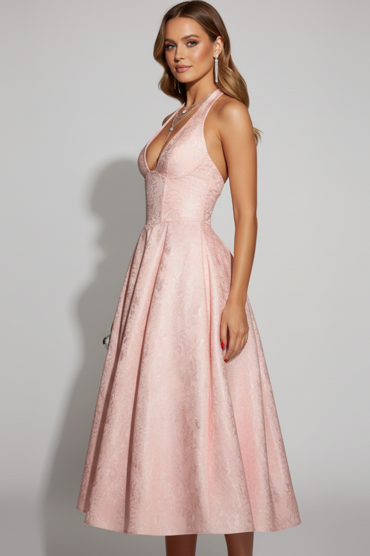 Women's Midi Dress with Halter Neckline and Fitted Bodice