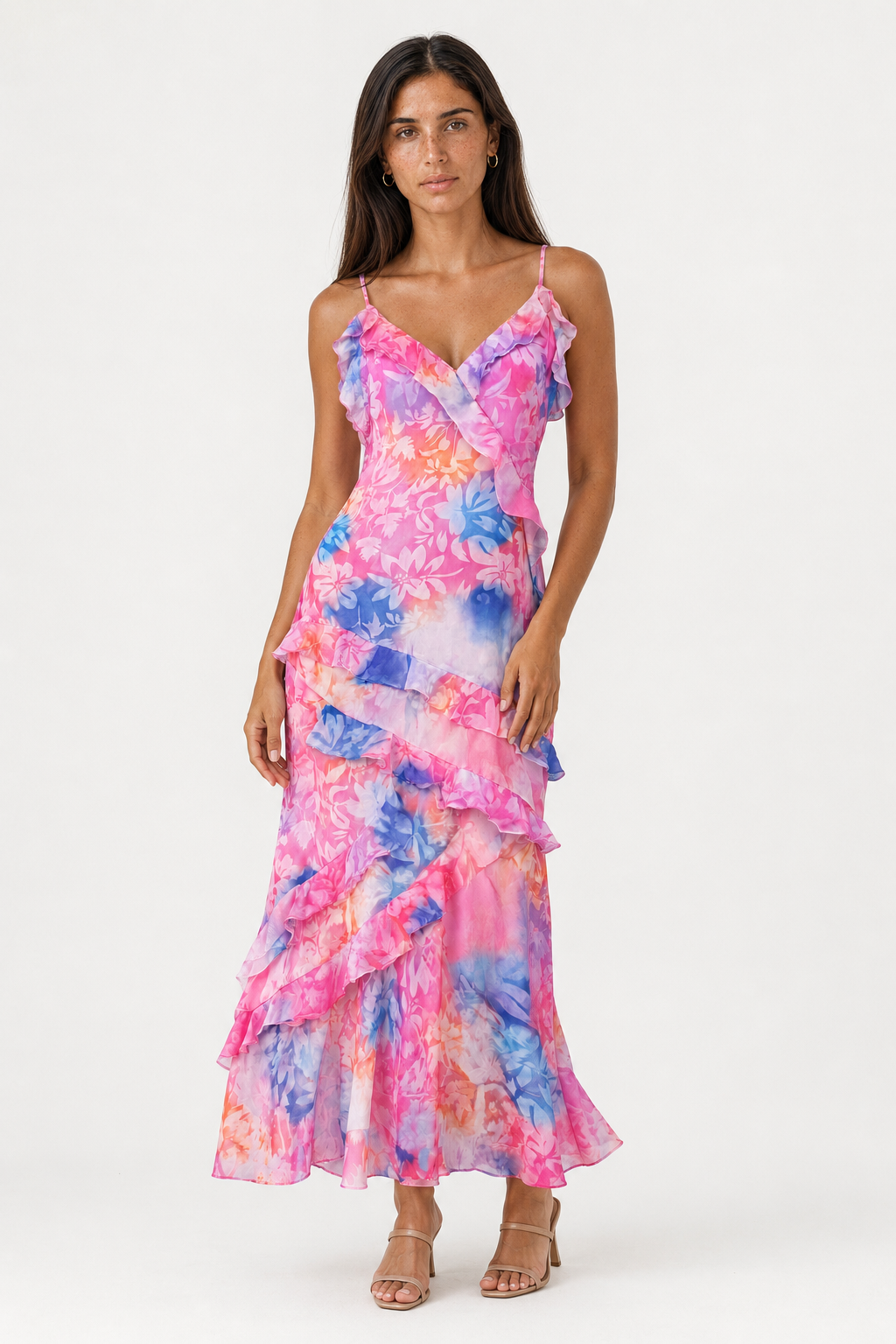 Watercolor Blossom Ruffled Dress - Vibrant Layered Floral Maxi Dress