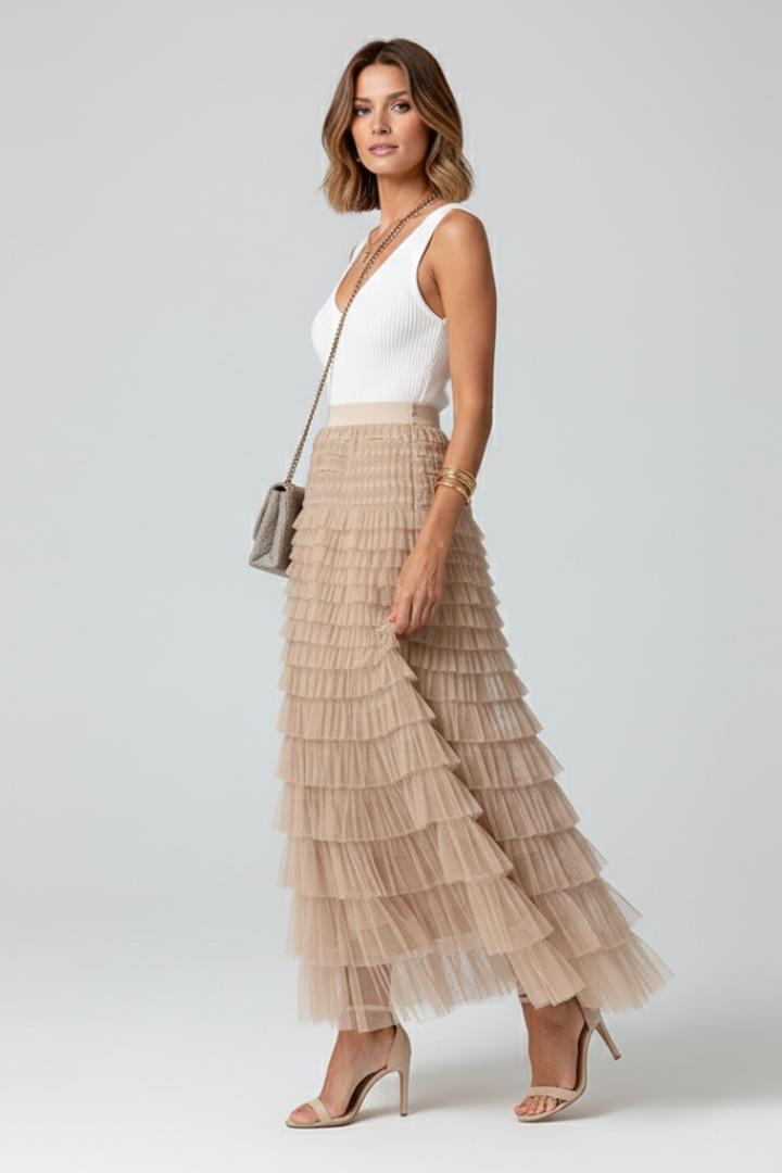 Women's Midi Tulle Skirt with Layered Design and Elastic Waistband in Beige - View 4.0 | Roselva