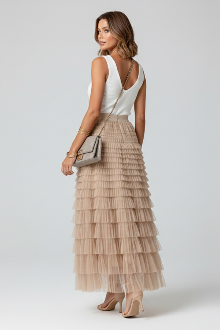 Women's Midi Tulle Skirt with Layered Design and Elastic Waistband in Beige - View 5.0 | Roselva