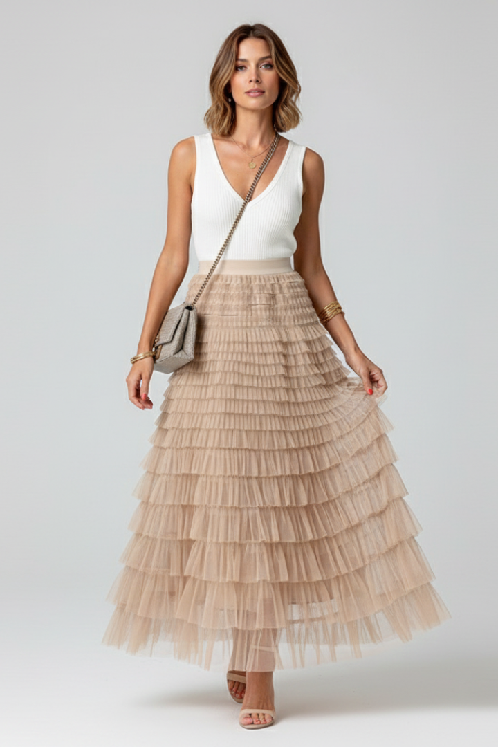 Women's Midi Skirt with Layered Design and Elastic Waistband in Beige - View 2.0 | Roselva