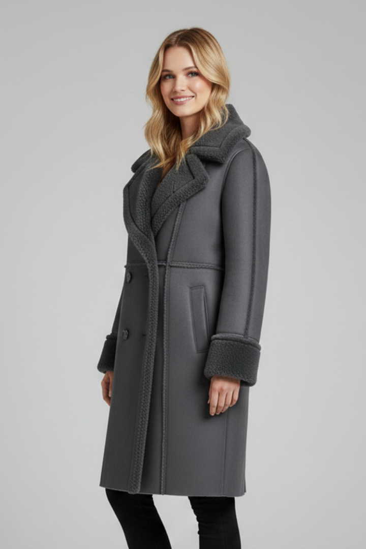 Women's Coat with Wide Lapels and Long Cut in Grey - View 2.0 | Roselva