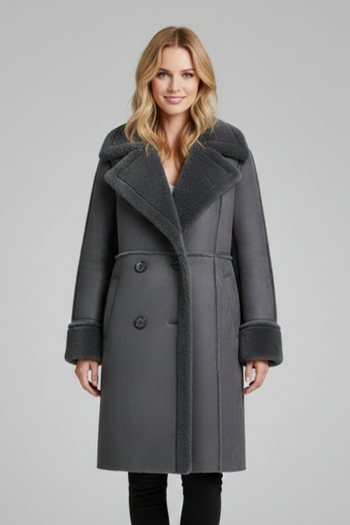 Women's Coat with Wide Lapels and Long Cut in Grey - View 5.0 | Roselva