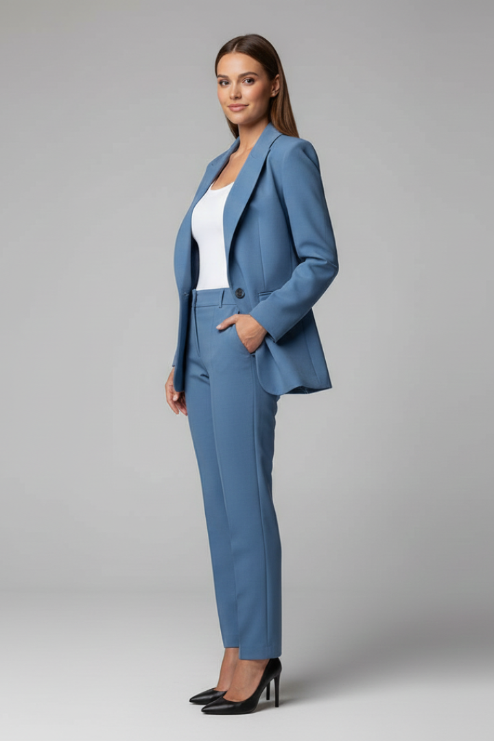 Women's Elegant Suit Set with Blazer and Trousers in Blue - View 4.0 | Roselva