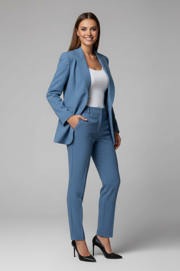 Women's Elegant Suit Set with Blazer and Trousers in Blue - View 3.0 | Roselva