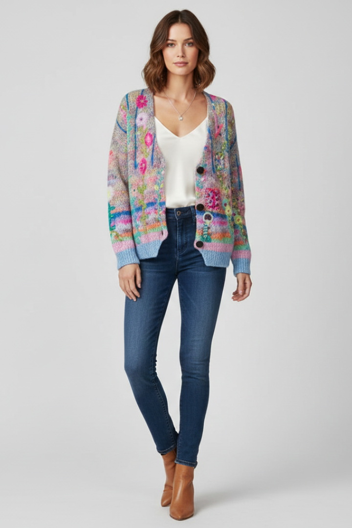 Women's Cardigan with V-Neck and Patterned Knit in Blue - View 2.0 | Roselva