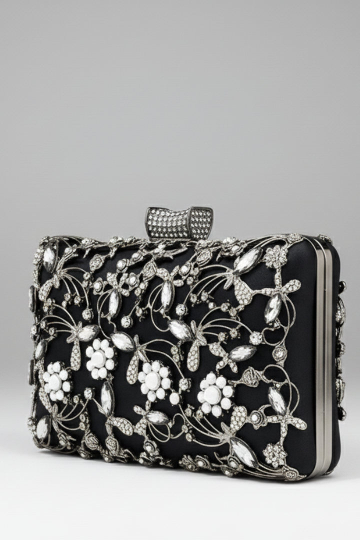 Women's Clutch with Embroidered Finish and Decorative Stones in Black - View 3.0 | Roselva