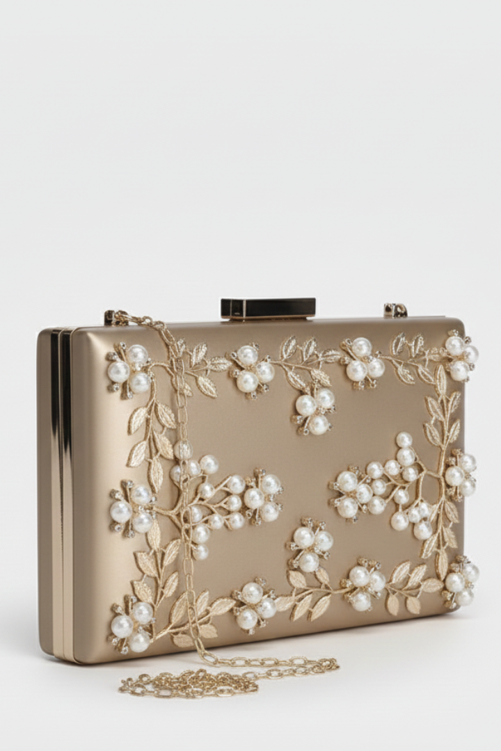 Women's Clutch Bag with Floral Beaded Embroidery and Chain in Gold | Roselva