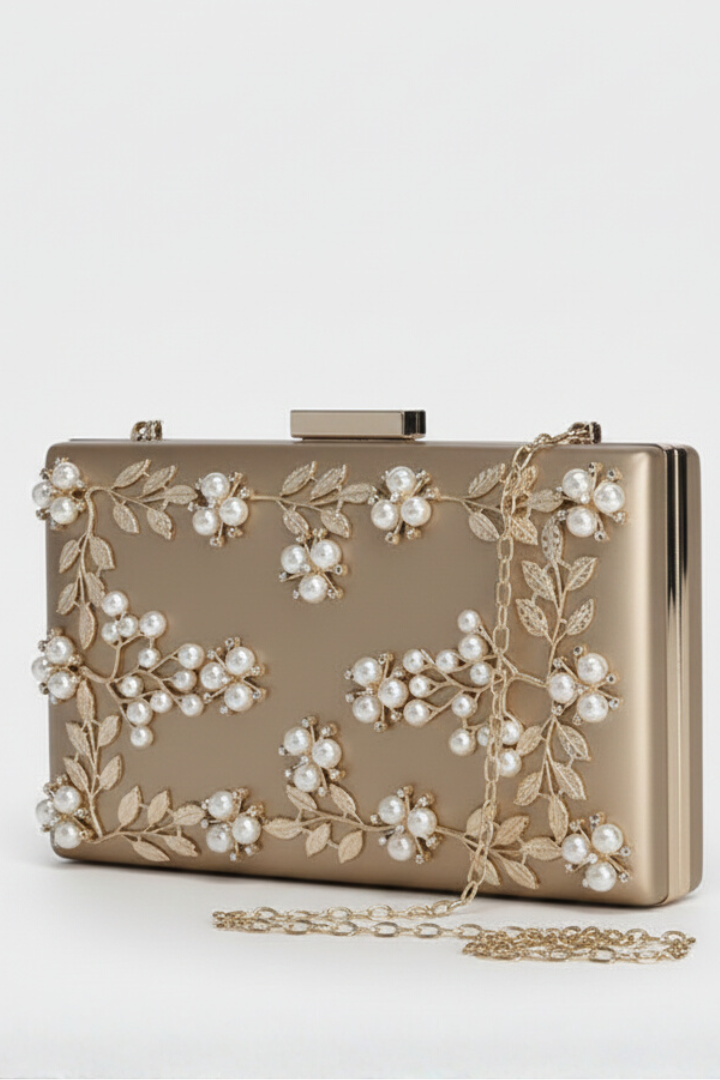 Women's Clutch Bag with Floral Beaded Embroidery and Chain in Gold - View 2.0 | Roselva