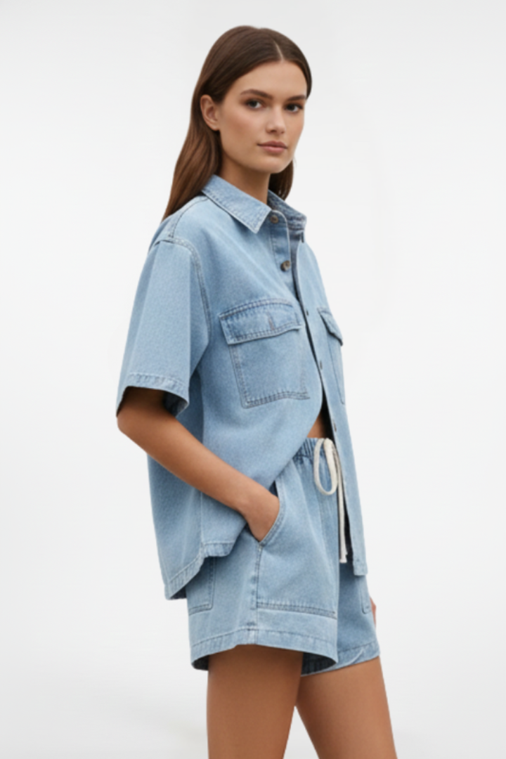 Women's Denim Set with Short Sleeves and Shorts in Subtle Blue - View 4.0 | Roselva