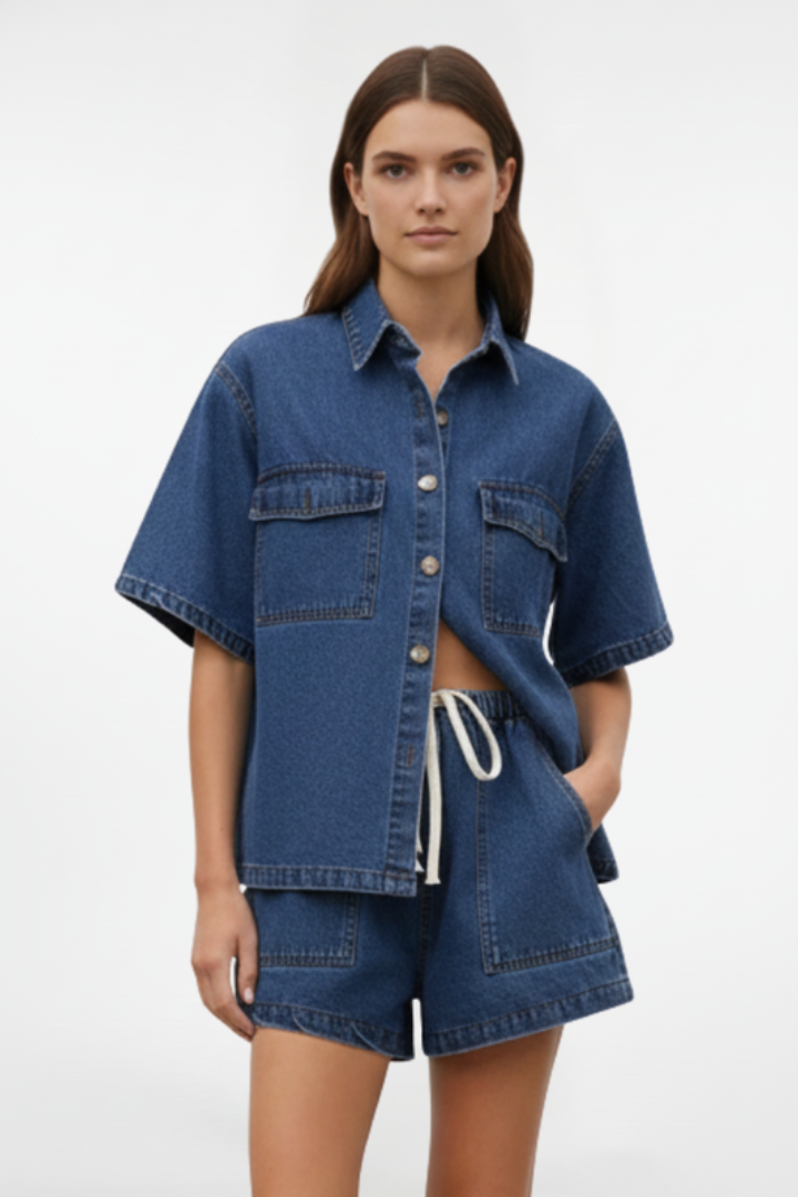 Women's Denim Set with Short Sleeves and Shorts in Subtle Blue - View 6.0 | Roselva
