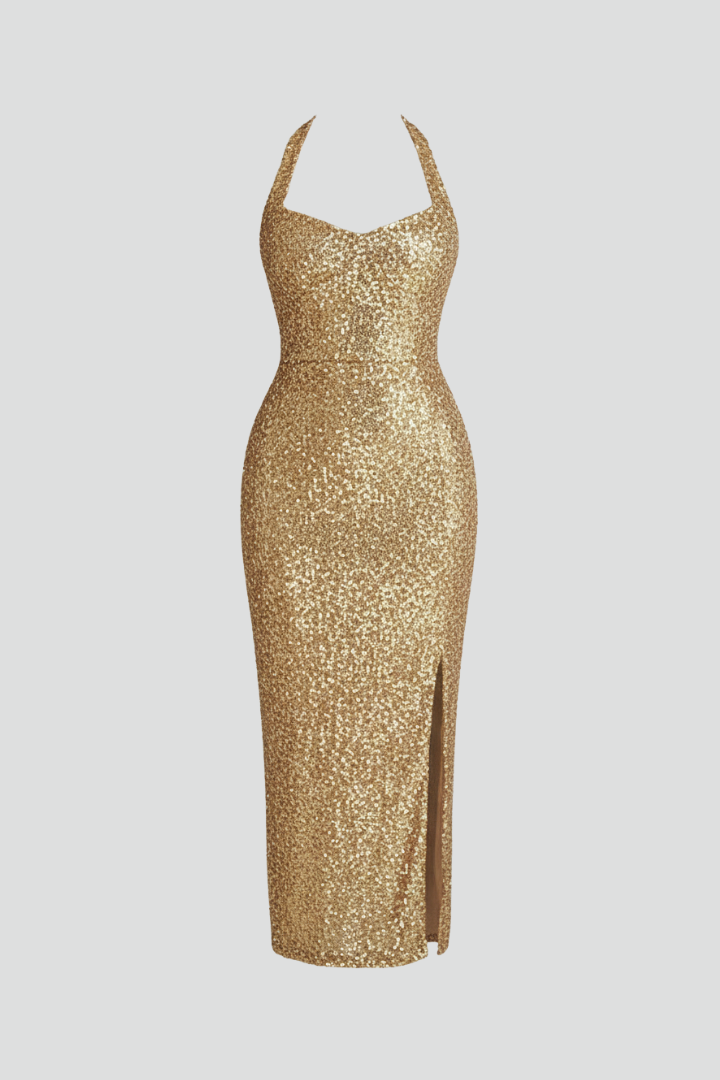 Women's Dress with a Tied Neckline and High Slit in Gold | Roselva