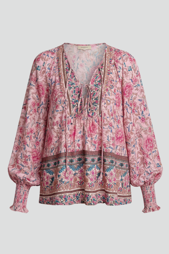 Women's Floral Pattern Blouse with V-Neck in Pink | Roselva