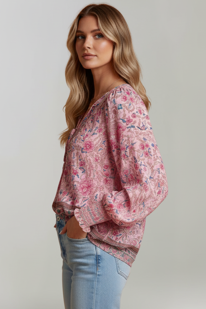 Women's Floral Pattern Blouse with V-Neck in Pink - View 5.0 | Roselva