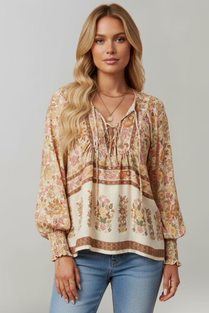 Women's Floral Pattern Blouse with V-Neck in Pink - View 7.0 | Roselva