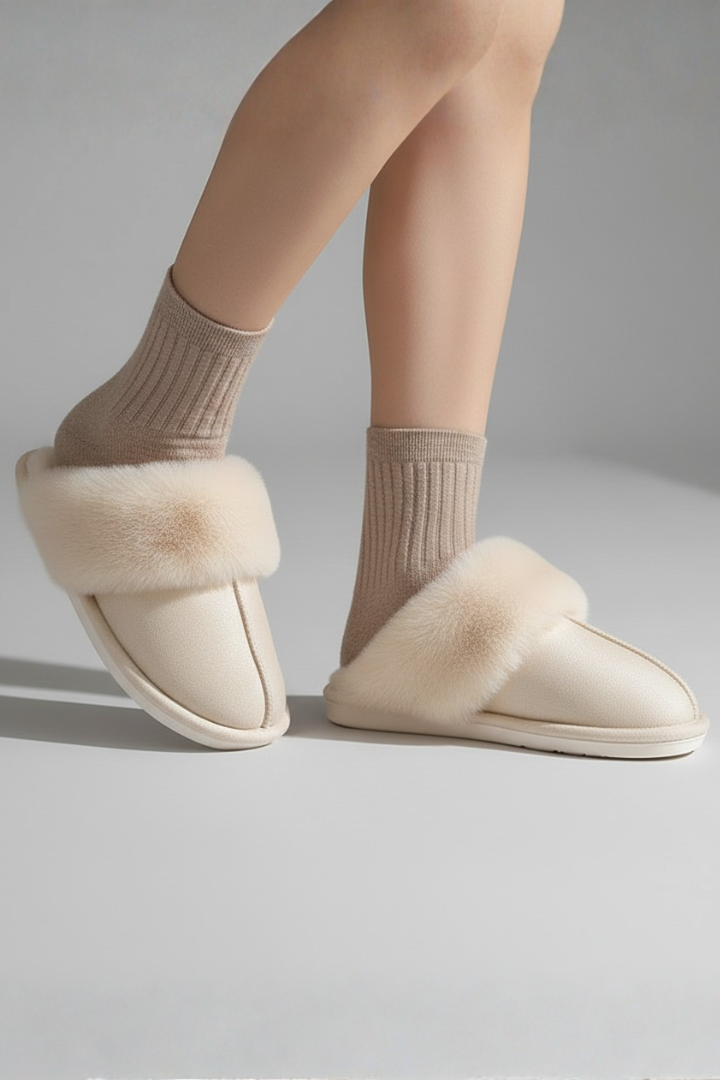 Women's Slippers with Plush Lining and Textured Sole in Beige - View 2.0 | Roselva