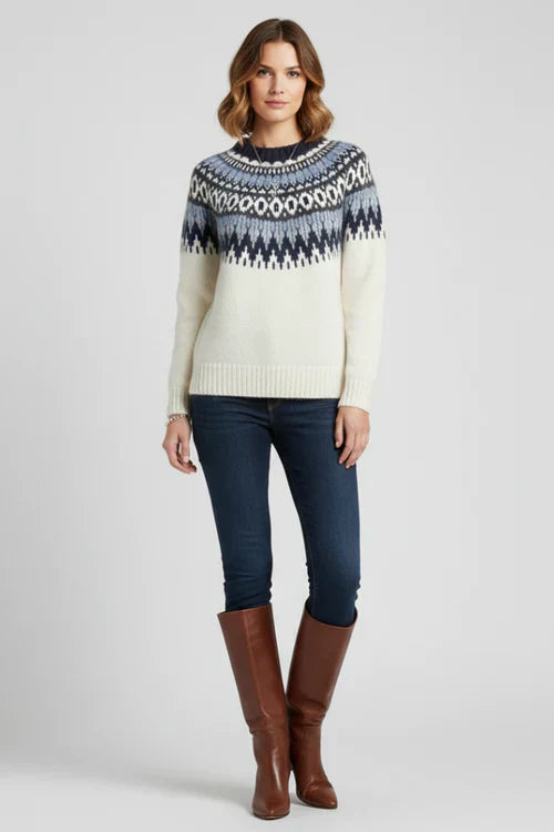 Women's Sweater with Round Neck and Fair Isle Pattern in White - View 2.0 | Roselva