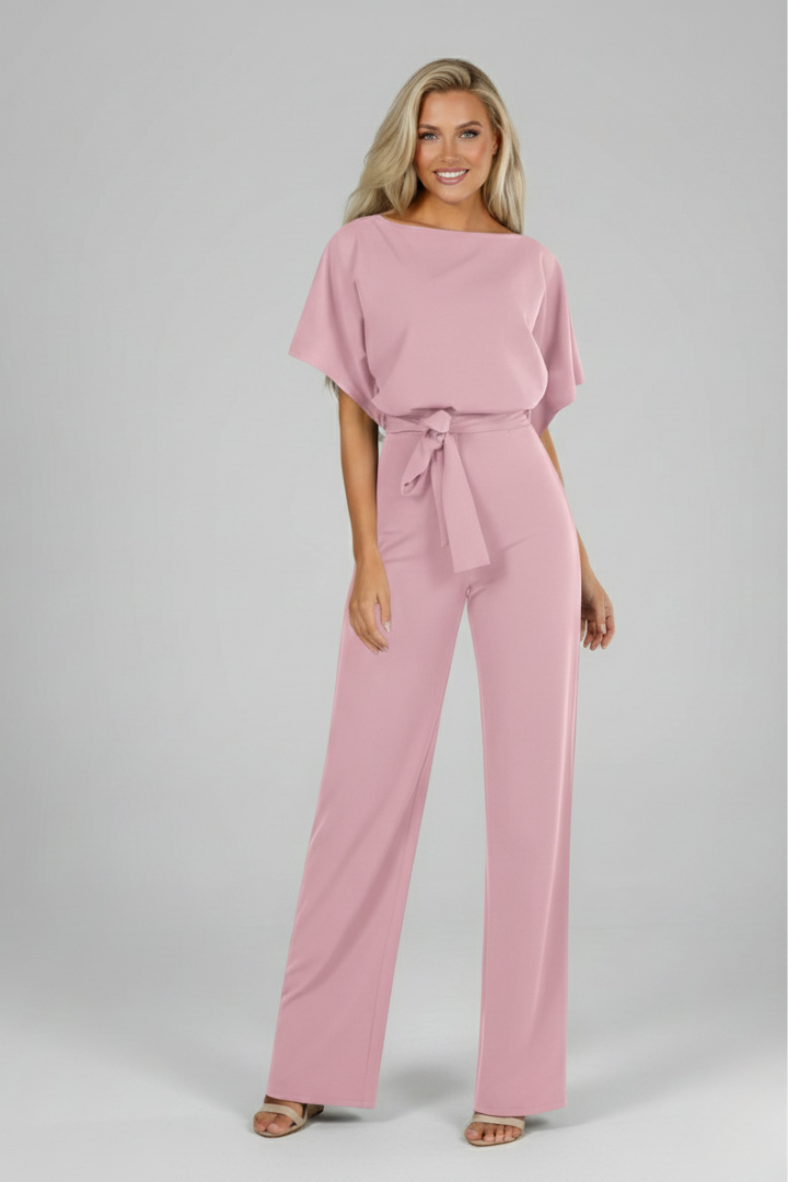 Women's Short Sleeve Jumpsuit with Waist Tie in Grey - View 9.0 | Roselva