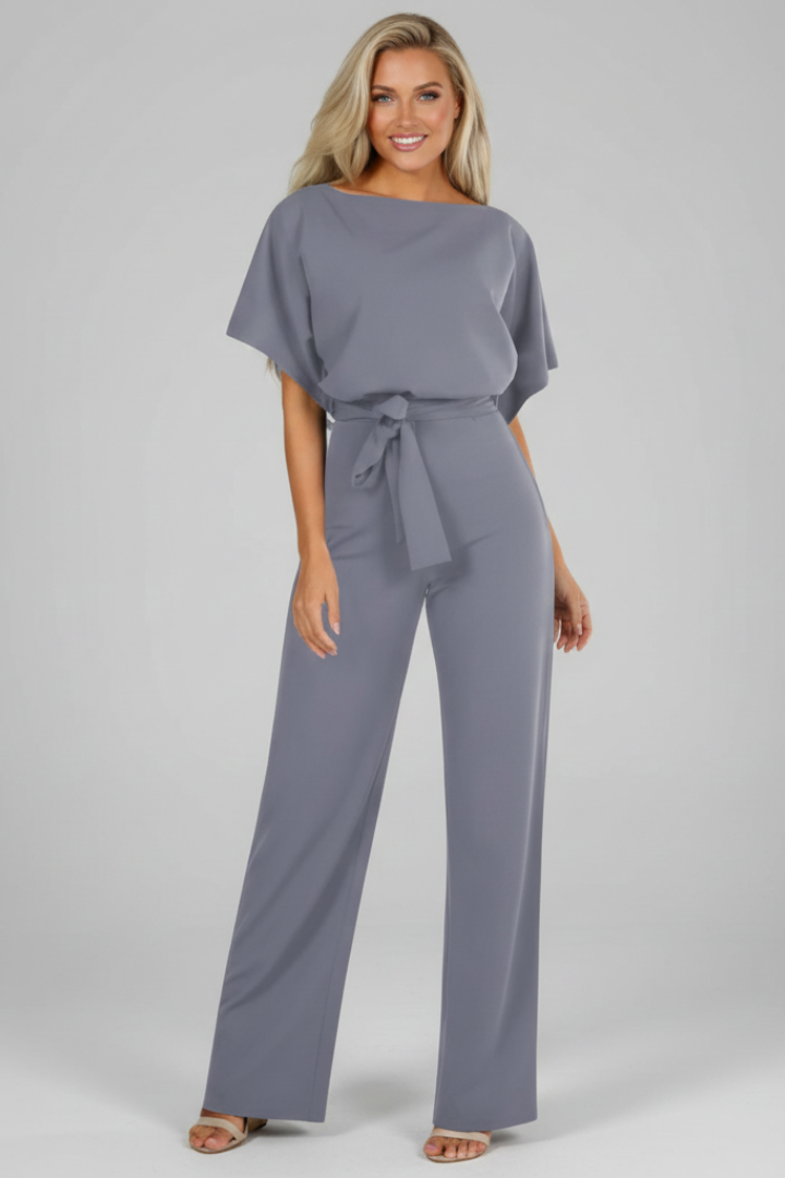 Women's Short Sleeve Jumpsuit with Waist Tie in Grey - View 2.0 | Roselva