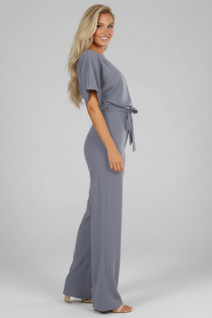 Women's Short Sleeve Jumpsuit with Waist Tie in Grey - View 5.0 | Roselva
