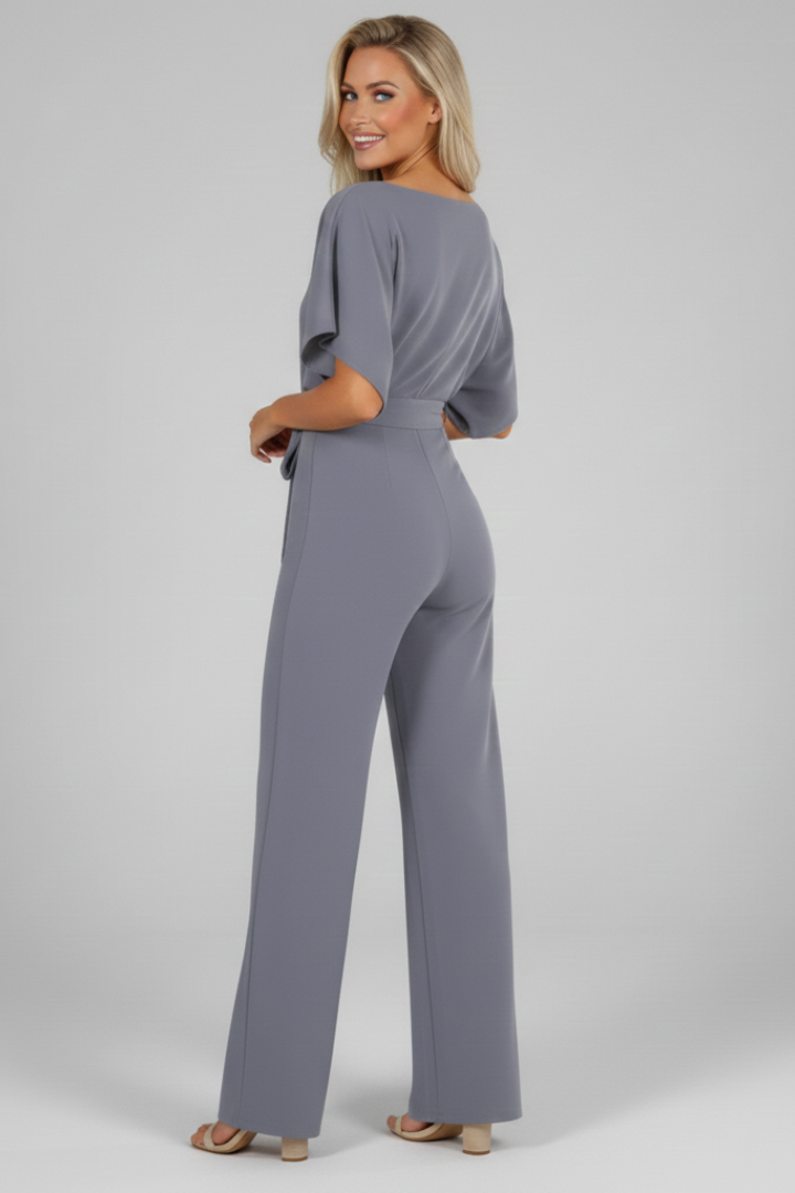 Women's Short Sleeve Jumpsuit with Waist Tie in Grey - View 4.0 | Roselva