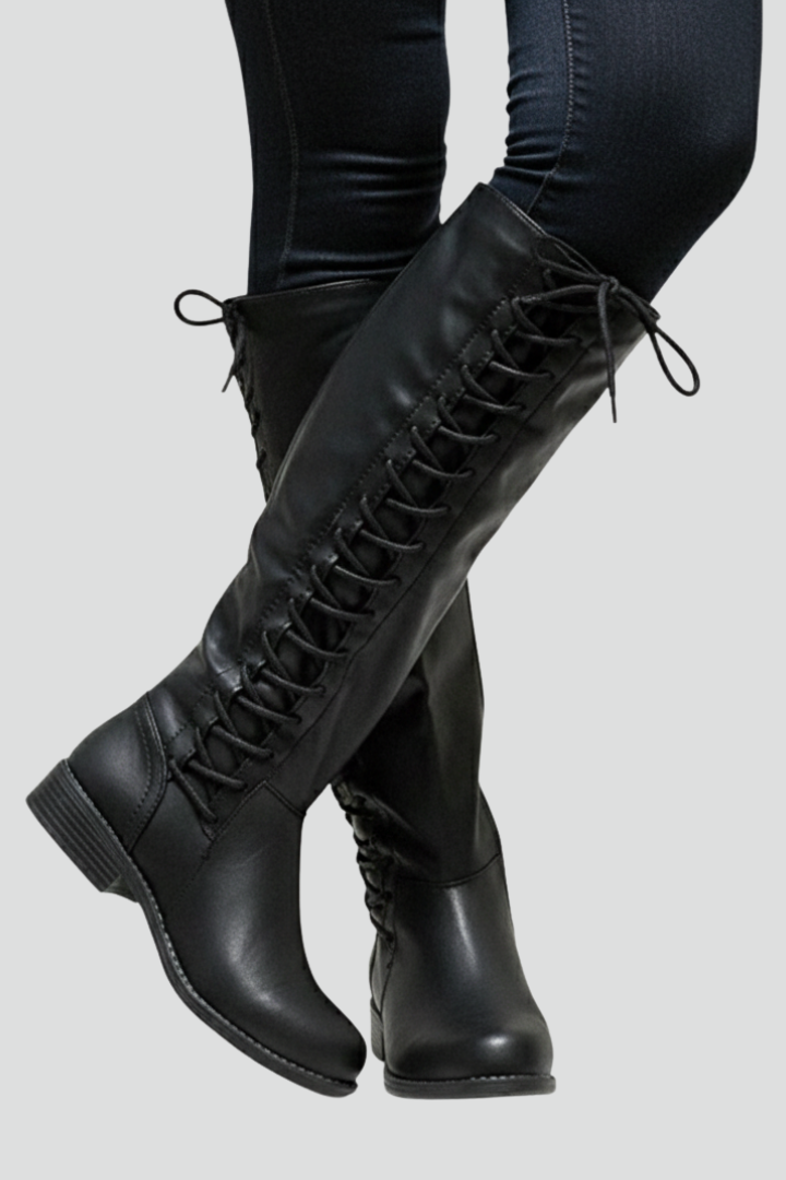Women's Knee-High Boots with Lace Front and Smooth Shaft in Black - View 2.0 | Roselva