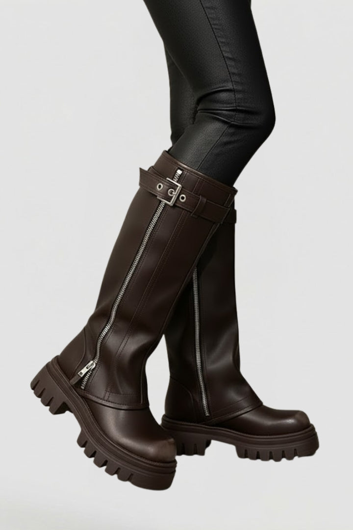 Women's Classic Knee-High Boots with High Shaft and Platform in Brown - View 4.0 | Roselva