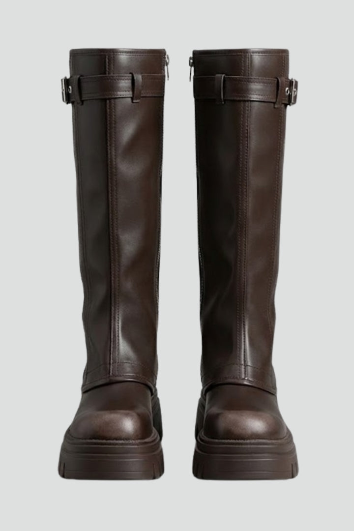 Women's Classic Knee-High Boots with High Shaft and Platform in Brown | Roselva