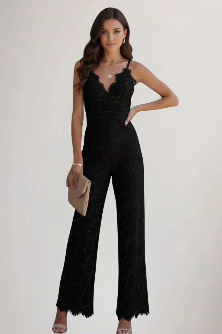 Women's Lace Jumpsuit with V-Neck in White - View 6.0 | Roselva