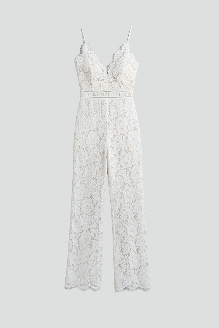 Women's Lace Jumpsuit with V-Neck in White | Roselva