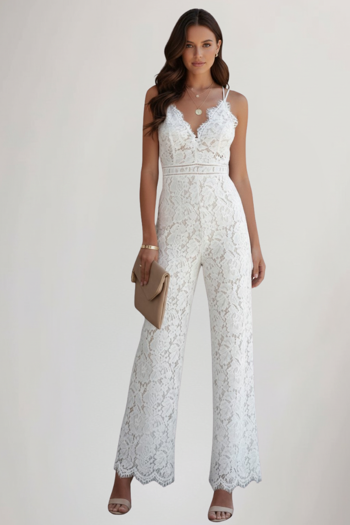 Women's Lace Jumpsuit with V-Neck in White - View 2.0 | Roselva