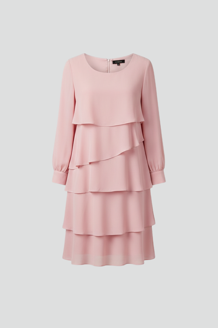 Women’s Long Sleeve Dress with Tiered Skirt in Pink | Roselva