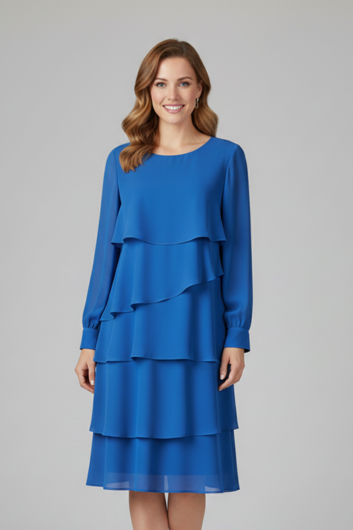 Women’s Long Sleeve Dress with Tiered Skirt in Pink - View 5.0 | Roselva
