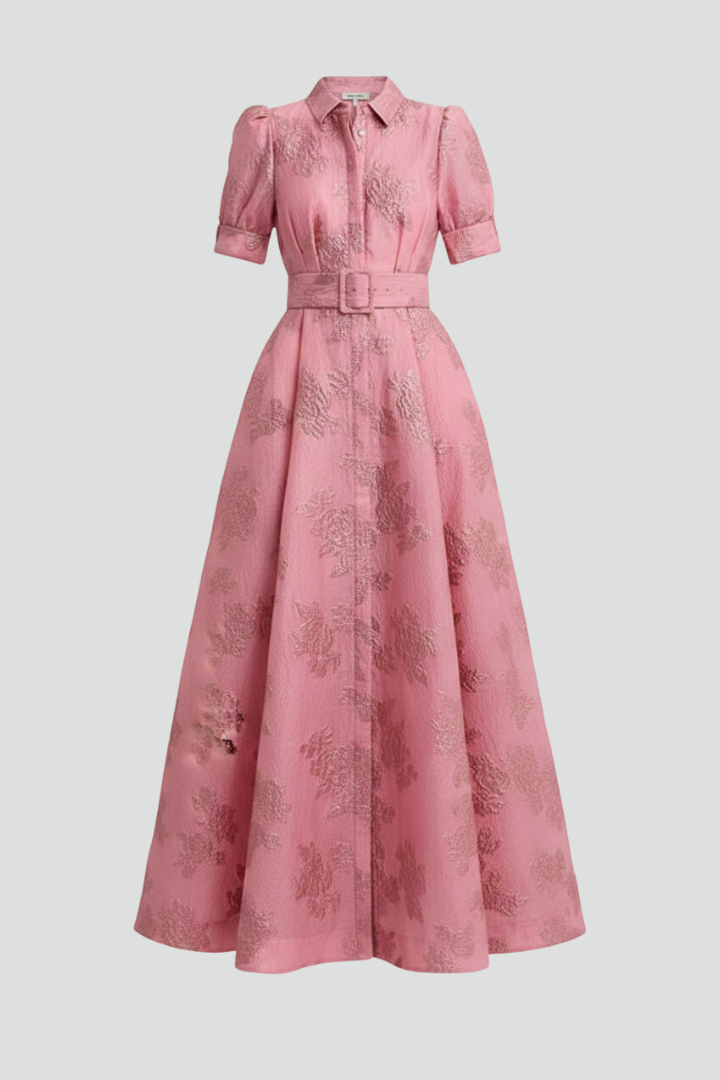 Women's Maxi Dress with Short Sleeves and Waist Belt in Pink | Roselva