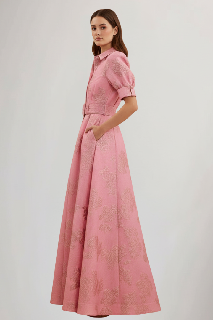 Women's Maxi Dress with Short Sleeves and Waist Belt in Pink - View 5.0 | Roselva