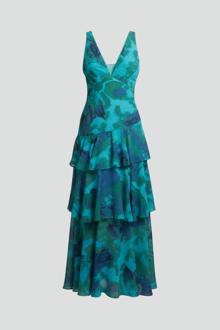 Women's Maxi Dress with Layered Skirt and V-Neck in Blue | Roselva